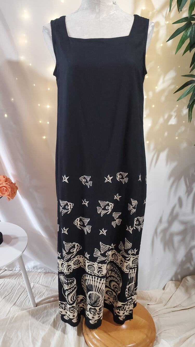 Peppermint Bay NWT Fish Square Neck Sleeveless Maxi Dress Size S Beachy Black